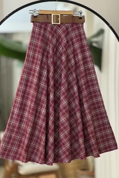 kemerli fermuarlı ekose Kiloş Etek Bordo BK9532