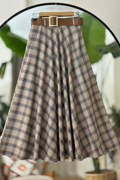 kemerli fermuarlı ekose Kiloş Etek Sütlükahve  BK9532