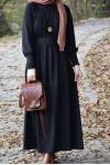 Kemerli fitilli pamuklu kumaş Elbise Siyah PKL816