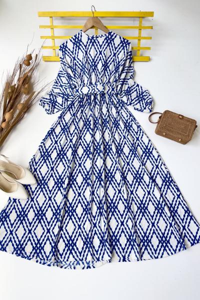 Kemerli kırınkıl kumaş elbise Mavi HBS3102