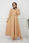 Kemerli Kiloş  Elbise Bej HNS909
