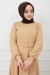 Kemerli Kiloş  Elbise Bej HNS909