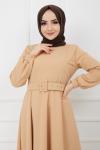 Kemerli Kiloş  Elbise Bej HNS909