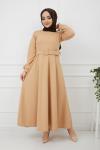 Kemerli Kiloş  Elbise Bej HNS909