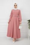 Kemerli Kiloş Elbise  Pudra HNS909