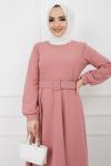 Kemerli Kiloş Elbise  Pudra HNS909