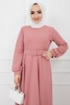 Kemerli Kiloş Elbise  Pudra HNS909
