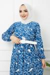 Kemerli Pegasus kumaş Elbise İndigo  HBS1147