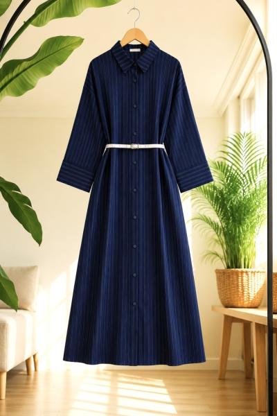 Kemerli tam boy Tunik Kap Lacivert  BK9579