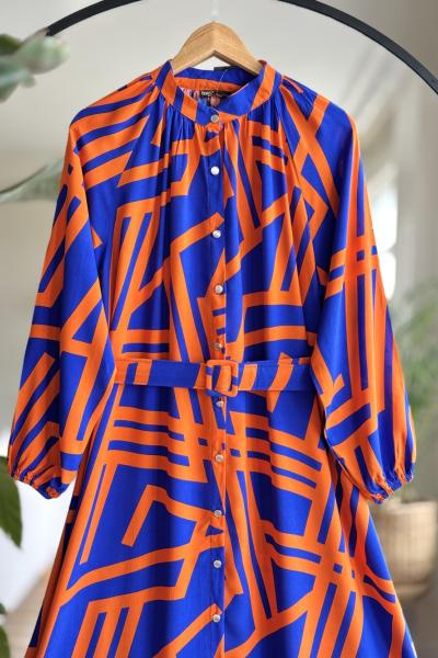 Kemerli Tamboy Düğmeli Viskon Elbise Turuncu  UMS50167