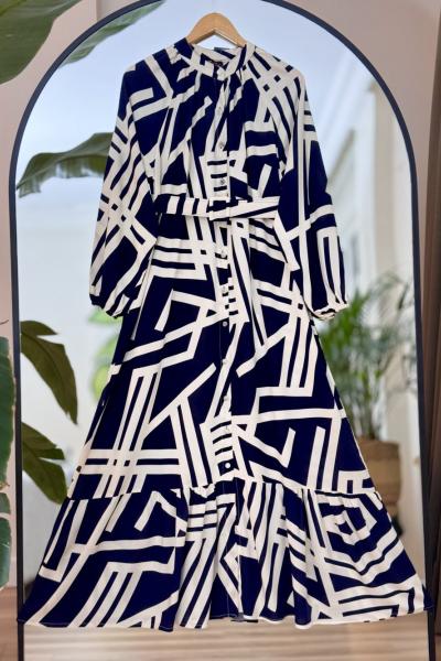 Kemerli Tamboy Düğmeli Viskon Elbise Lacivert UMS50167