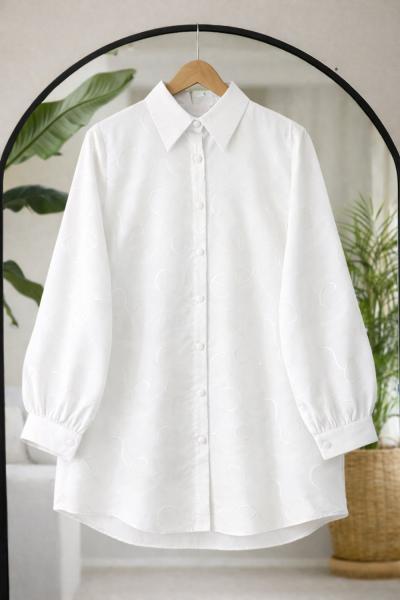 Kendinden desenli Jakarlı Tunik  Beyaz BK9563