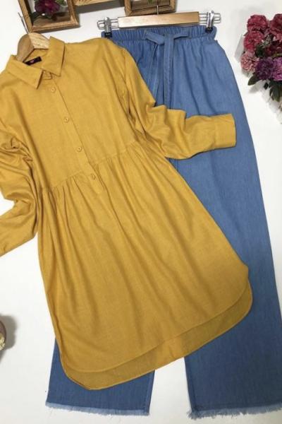 Keten Kumaş Gömlek Tunik Sarı PNK 616