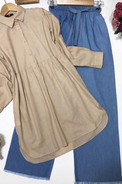 Keten Kumaş Gömlek Tunik Bej PNK 616