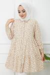 Keten Kumaş Çiçek Desen Tunik Bej PNK1133