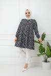 Keten Kumaş Çiçek Desen Tunik SiyahPNK1133