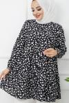 Keten Kumaş Çiçek Desen Tunik SiyahPNK1133