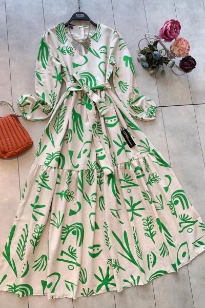 Keten kumaş palmiye desen elbise yeşil UMS1577