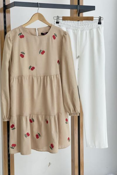 Keten kumaş kiraz işlemeli tunik Bej PNK1592