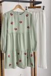 Keten kumaş kiraz işlemeli tunik Mint PNK1592