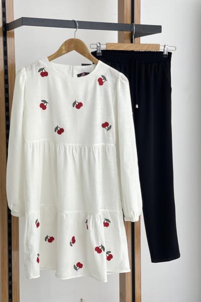 Keten kumaş kiraz işlemeli tunik Beyaz PNK1592