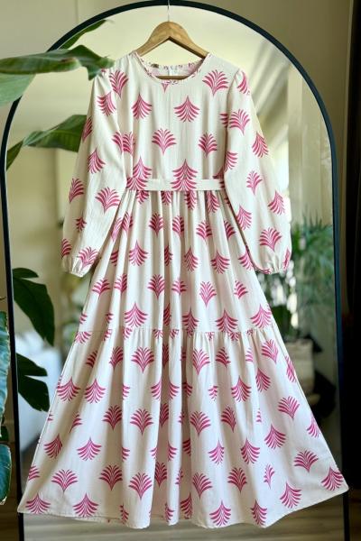 Keten kumaş kuşaklı elbise Fuşya HBS1582