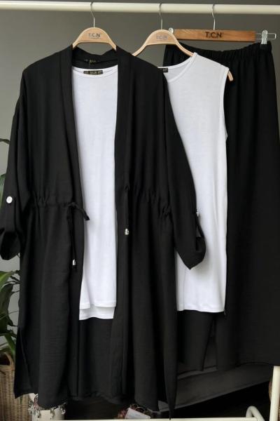 keten üçlü kimona takım  Siyah TCN4048