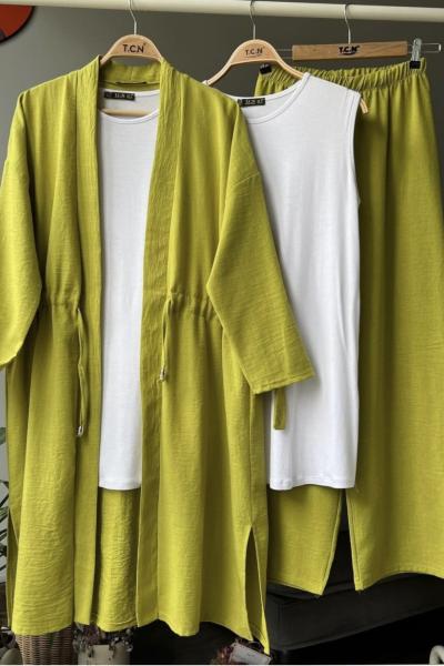 keten üçlü kimona takım  yağyeşil TCN4048