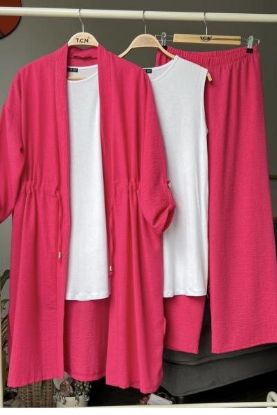 keten üçlü kimona takım fuşya TCN4048