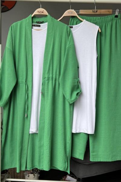 keten üçlü kimona takım yeşil TCN4048