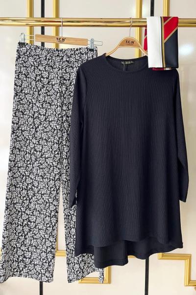 Kırçiçekli bürümcük kumaş takım Siyah FİX1614