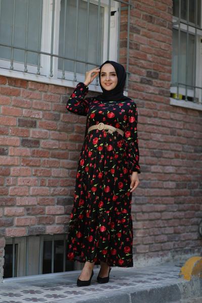 Kırmızı Çiçek Desenli Kadife Elbise Siyah Hbs767