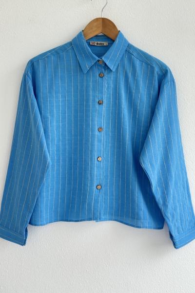 Kısa  çizgili gömlek  mavi DST30256