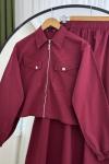 Kısa fermuarlı cepli ceket etek Takım Bordo NW4520