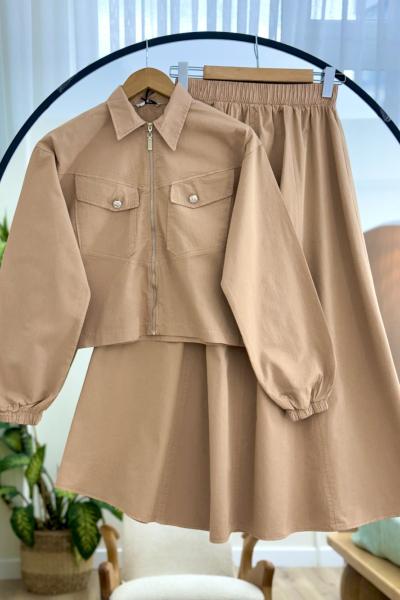 Kısa fermuarlı cepli ceket etek Takım Camel NW4520
