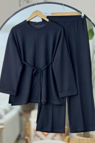 Kıvrık kol cımalı bolpaca pantolon Takım  Siyah TCN40117