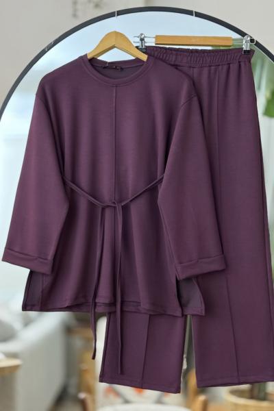 Kıvrık kol cımalı bolpaca pantolon Takım  Mürdüm TCN40117