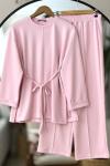 Kıvrık kol cımalı bolpaca pantolon Takım  Pembe TCN40117
