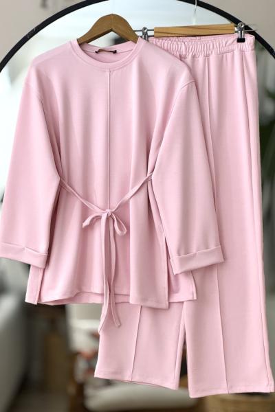 Kıvrık kol cımalı bolpaca pantolon Takım  Pembe TCN40117