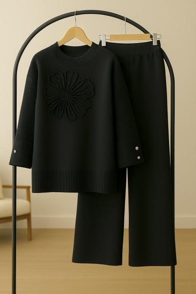 Kıvrık Kol triko Takım siyah  TCN40136