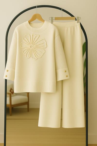 Kıvrık Kol triko Takım Ekru TCN40136