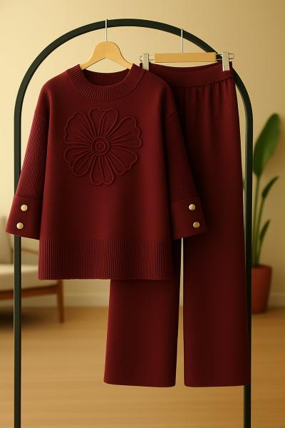 Kıvrık Kol triko Takım BordoTCN40136