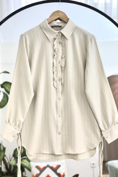 Kol bağcıklı önü fırfırlı tunik Bej NEW6043