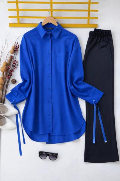 Kol bağcıklı cepli gömlek saks SLT3087