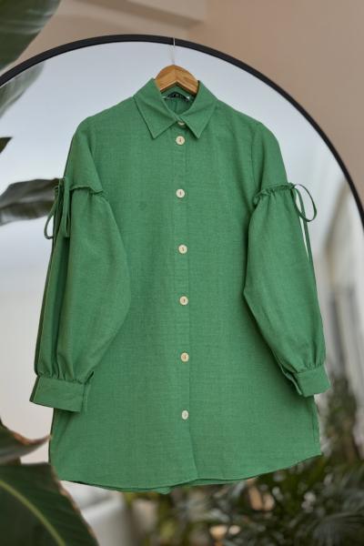 Kol büzgü detaylı Keten tunik Yeşil AlR30265