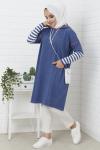 Kol Çizgili Kapşonlu Triko Tunik İndigo NFS14402