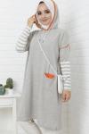 Kol Çizgili Kapşonlu Triko Tunik Gri NFS14402
