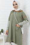 Kol Çizgili Kapşonlu Triko Tunik Yeşil NFS14402