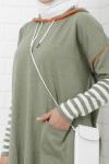 Kol Çizgili Kapşonlu Triko Tunik Yeşil NFS14402