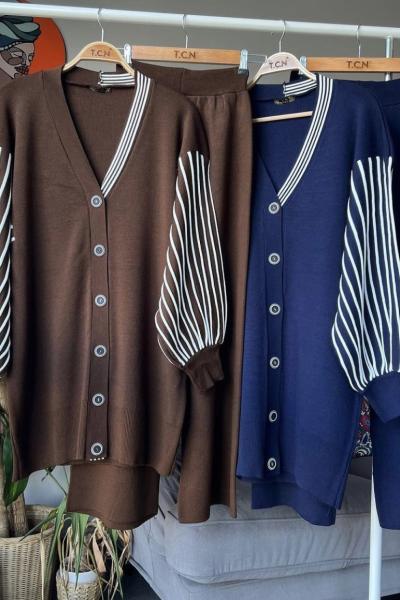 Kol çizgili Hırkalı triko Takım Kahve TCN4060